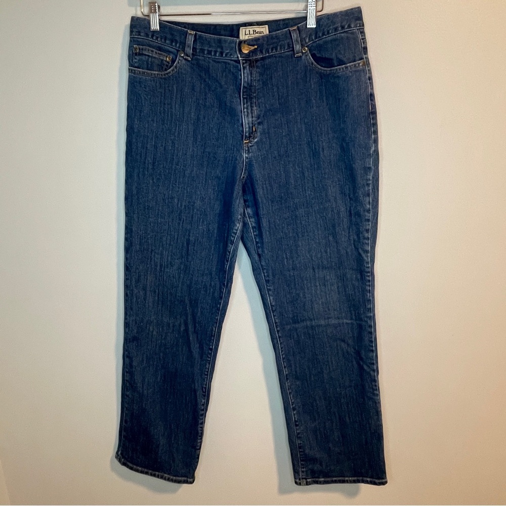 LL Bean Straight Fit Stretch Blue Jeans Size 16 Reg
